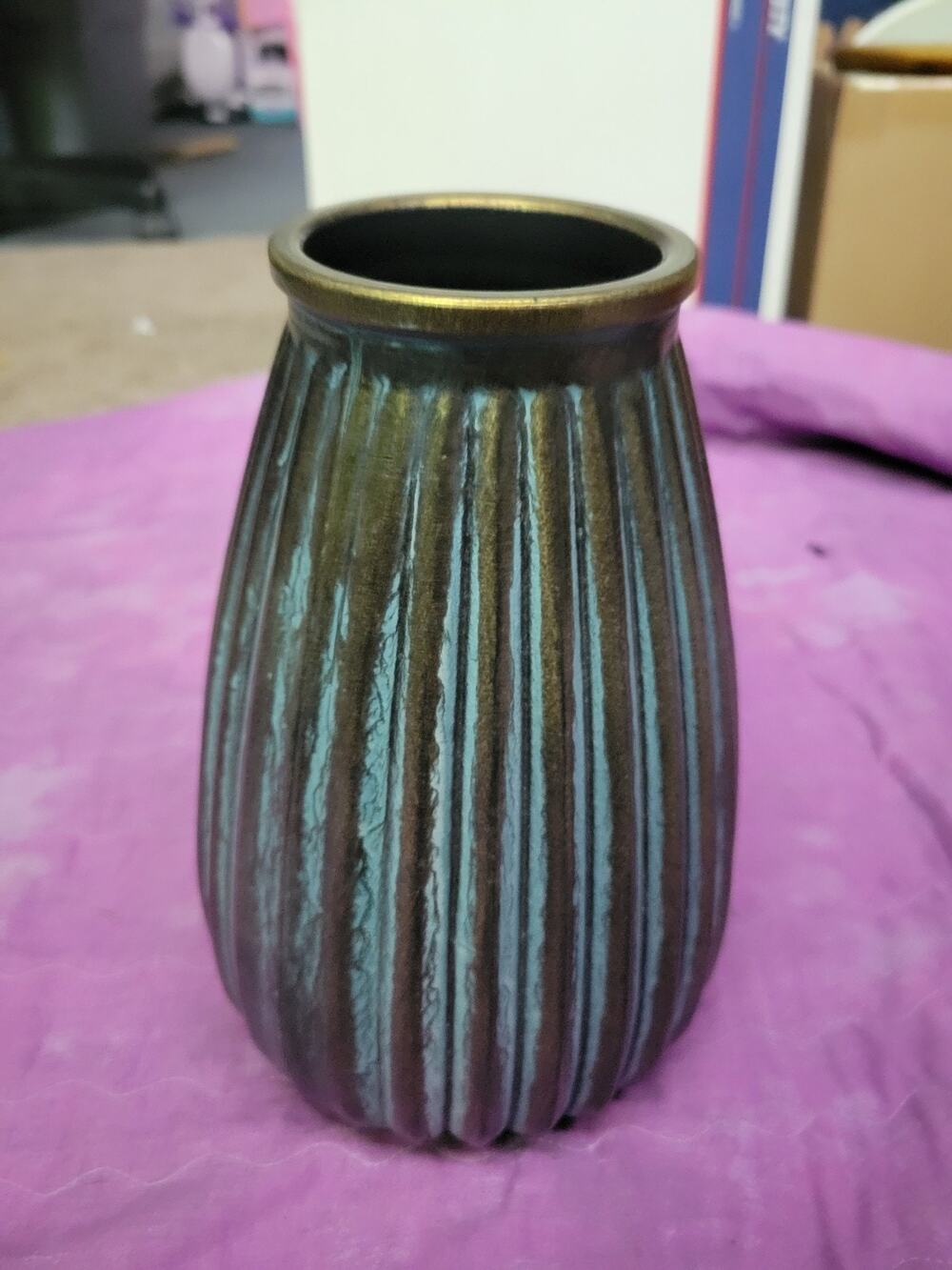 Italian Art Pottery Ribbed Vase Teal Blue & Gold Glaze 8” Marked Studio Pottery